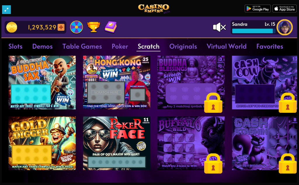 Unlock unlimited free ScratchOff social casino games during Beta of Casino Empire